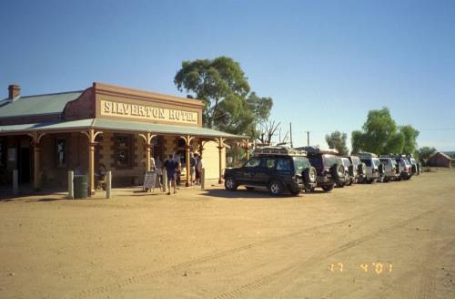Our 8 vehicles lined up outsdie Silverton hotel - historic town near Broken Hill